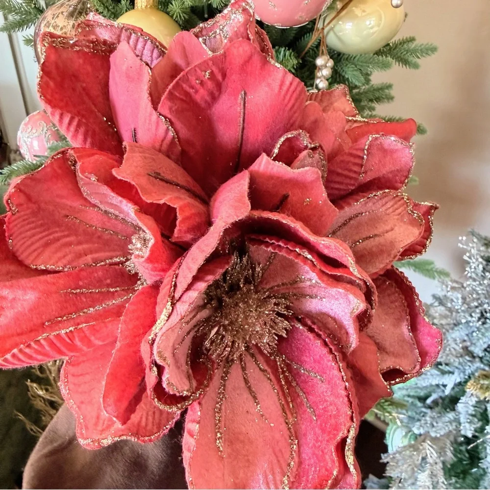 Velvet Pink Poinsettia Picks Gold Trim Holiday Decor Set of 5